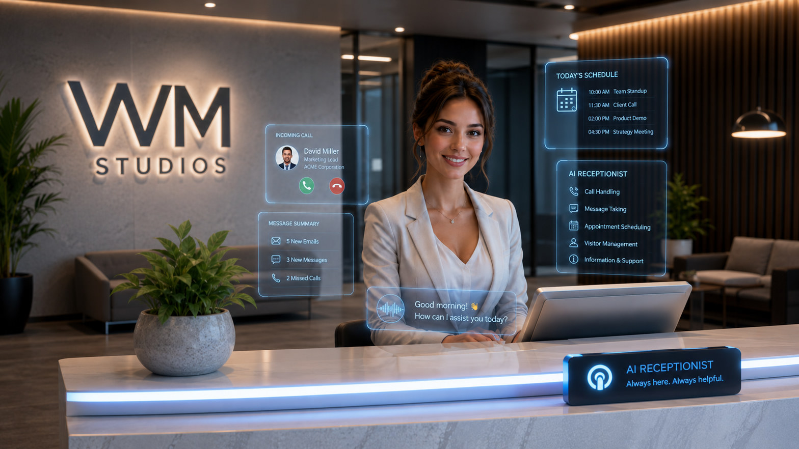 WM Studios AI Virtual Receptionist — intelligent front desk with call handling, scheduling and message summary