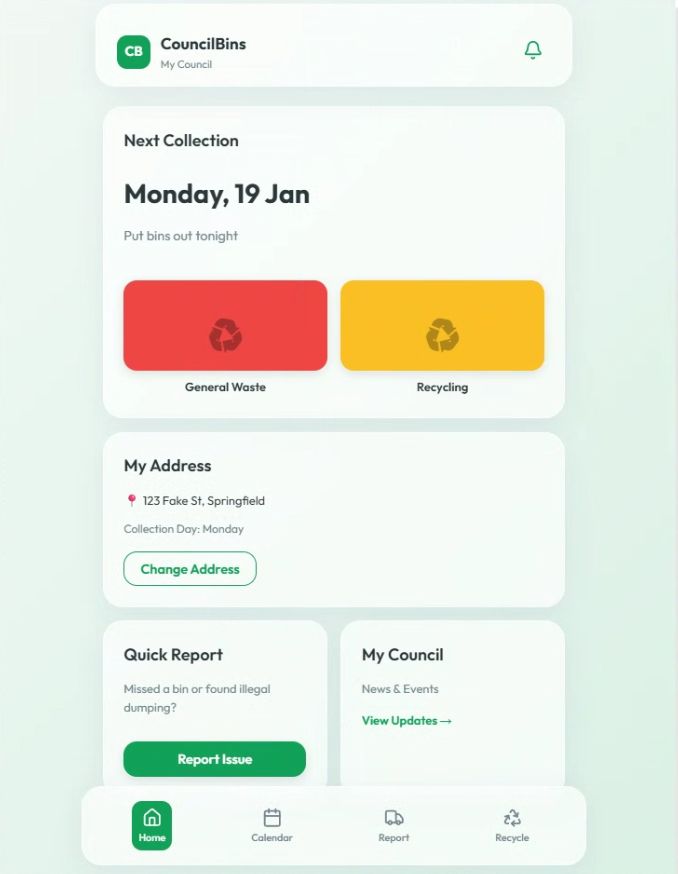 CouncilBins resident home — next collection and service entry points